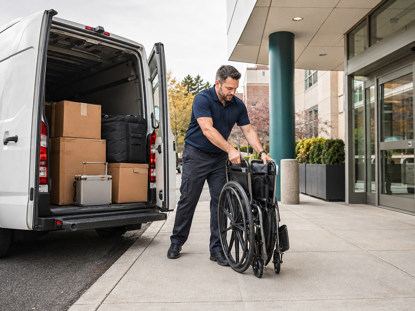 Professional delivery worker unloading a wheelchair at a healthcare facility